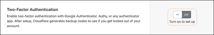 URL antigo: https://support.cloudflare.com/hc/article_attachments/360038176711/2FA_enable.png IDs do artigo: 200167906 | Como obter acesso usando a autenticação de dois fatores (2FA)