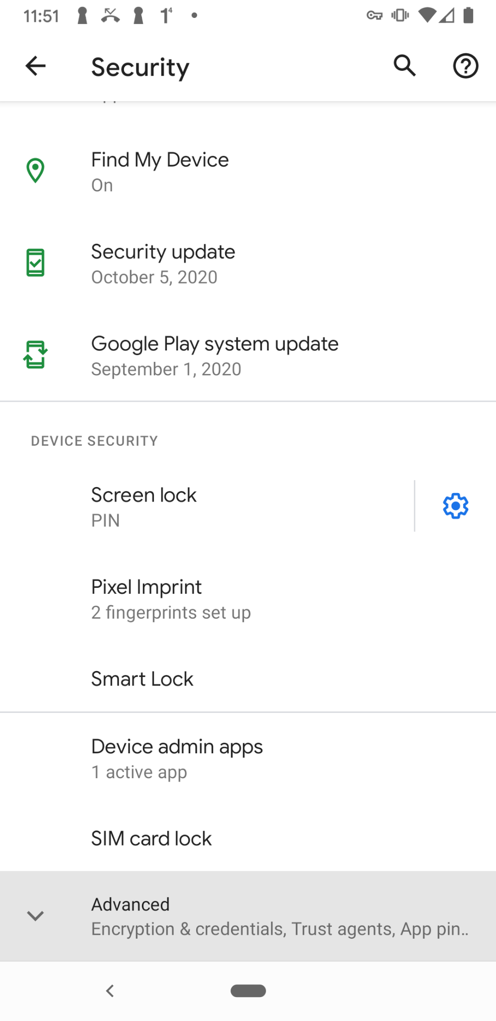 Android <strong>Security</strong> settings screen