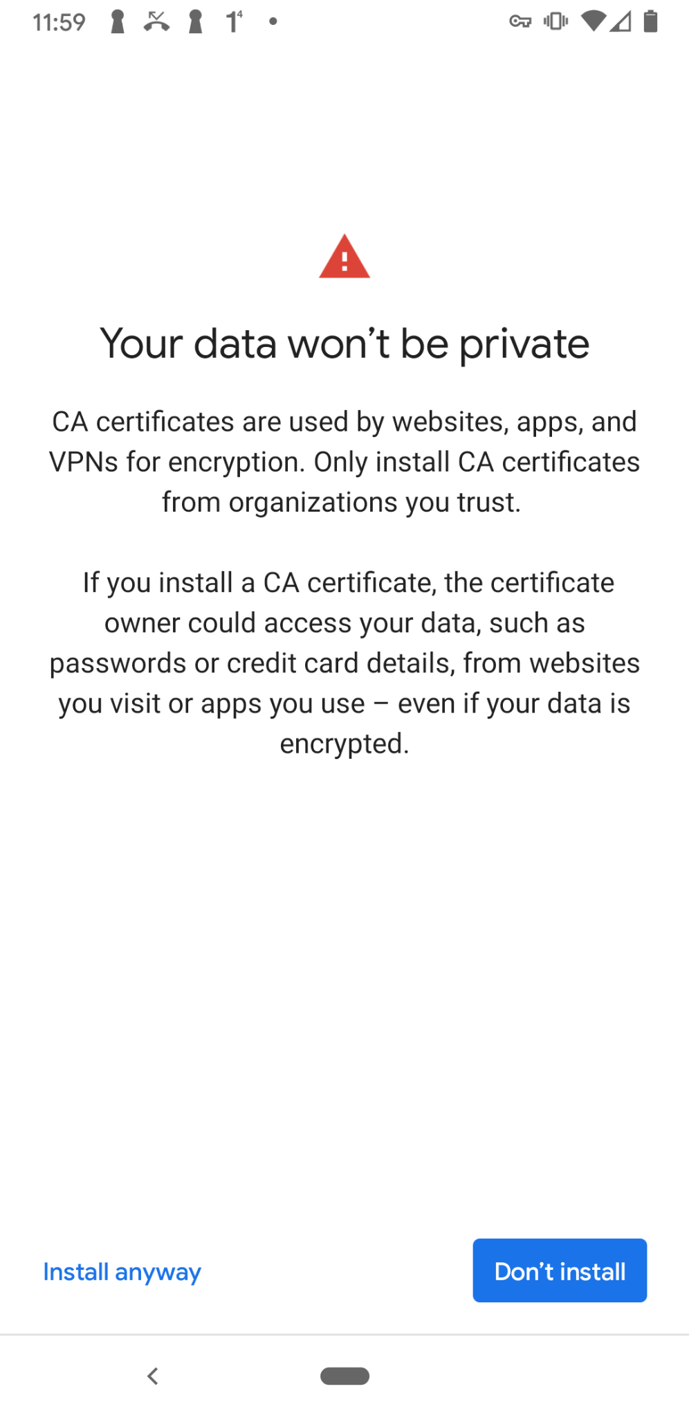 Android screen asking to confirm certificate installation