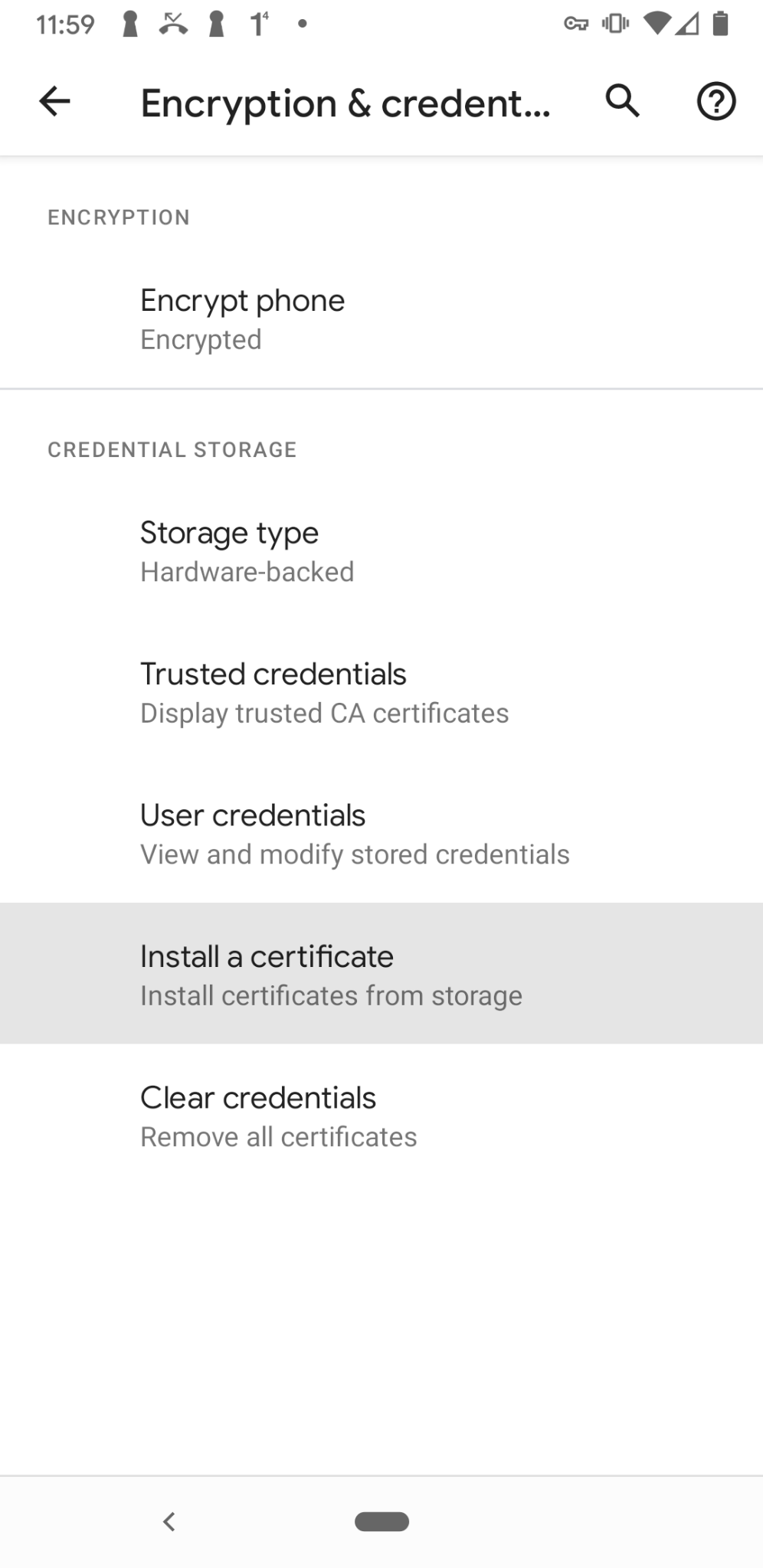 Android <strong>Encryption &amp; credentials</strong> screen