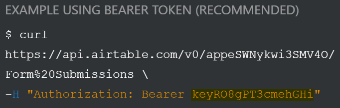 An example request in Airtable&rsquo;s API documentation, with the Airtable API key highlighted