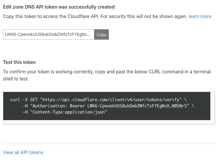 Page displaying your API token and the <code>curl</code>command to test your token