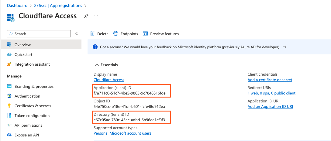 Viewing the Application ID and Directory ID in Azure
