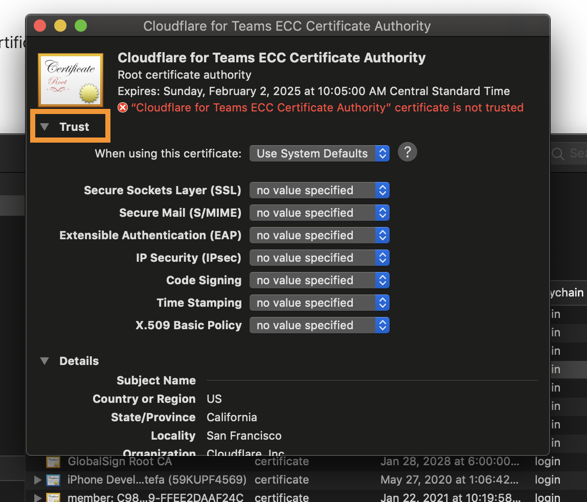 macOS window for certificate configuration