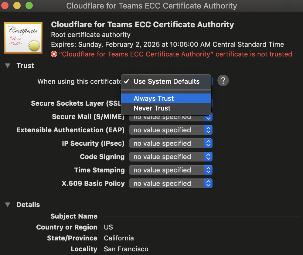 macOS window for configuring certificate trust settings