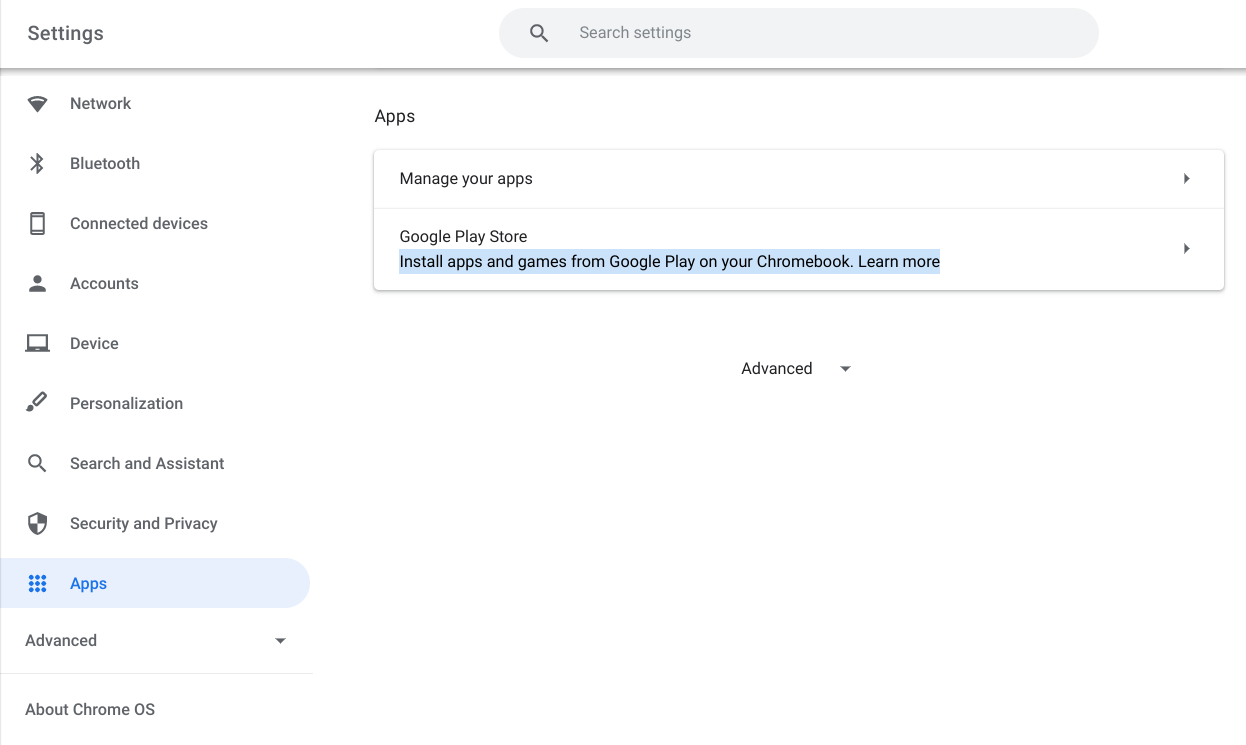<strong>Google Play Store</strong> app in ChromeOS settings