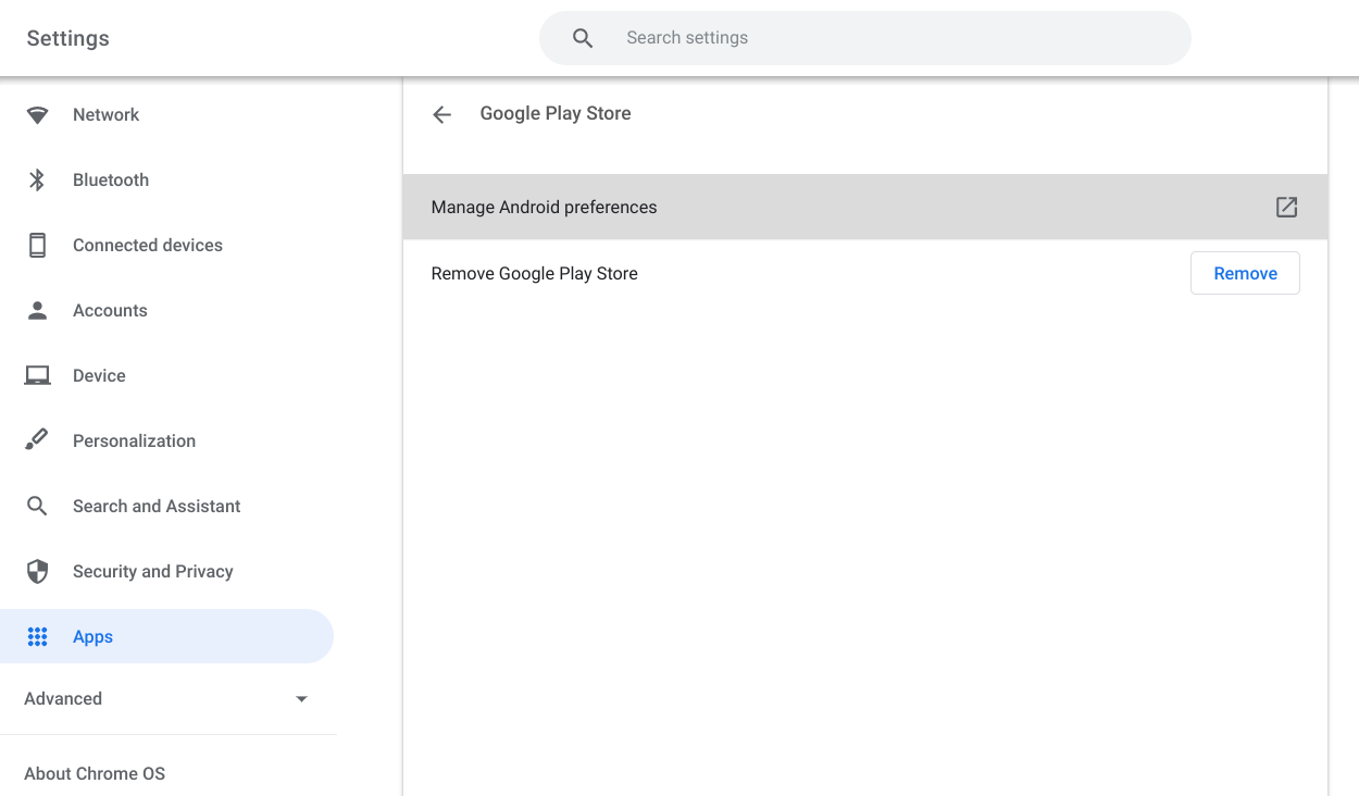 <strong>Manage Android preferences</strong> in ChromeOS settings