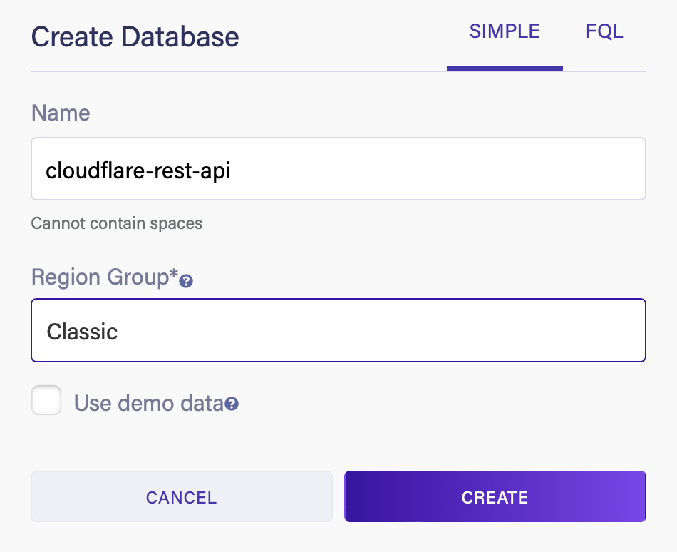 Create your database in Fauna by setting a name and region group