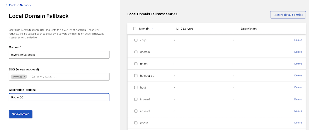 Local Domain Fallback panel displaying example data.