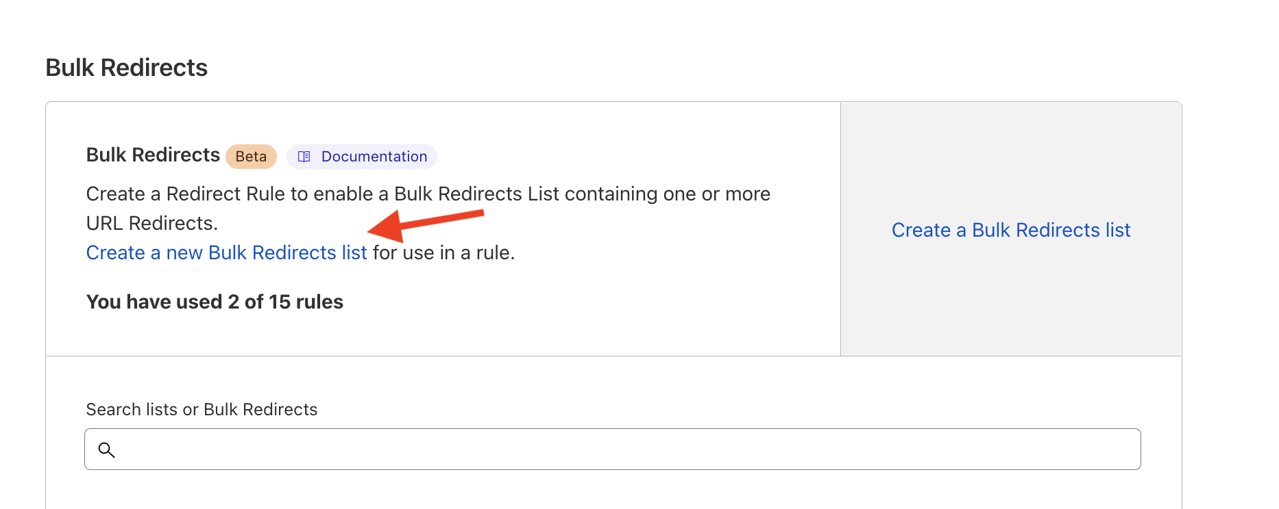 Create a new Bulk redirects list