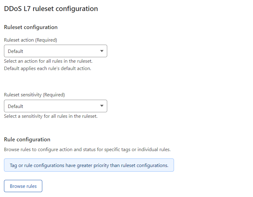 Ruleset configuration page for a DDoS override in the Cloudflare dashboard.