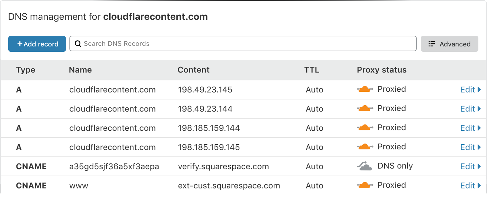 Squarespace에서 확보한 cloudflarecontent.com DNS 레코드의 스크린샷
