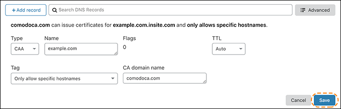 특정 호스트 이름만 허용하게 태그된 Cloudflare 대시보드의 comodoca.com에 대한 CCA 레코드를 보여주는 스크린샷