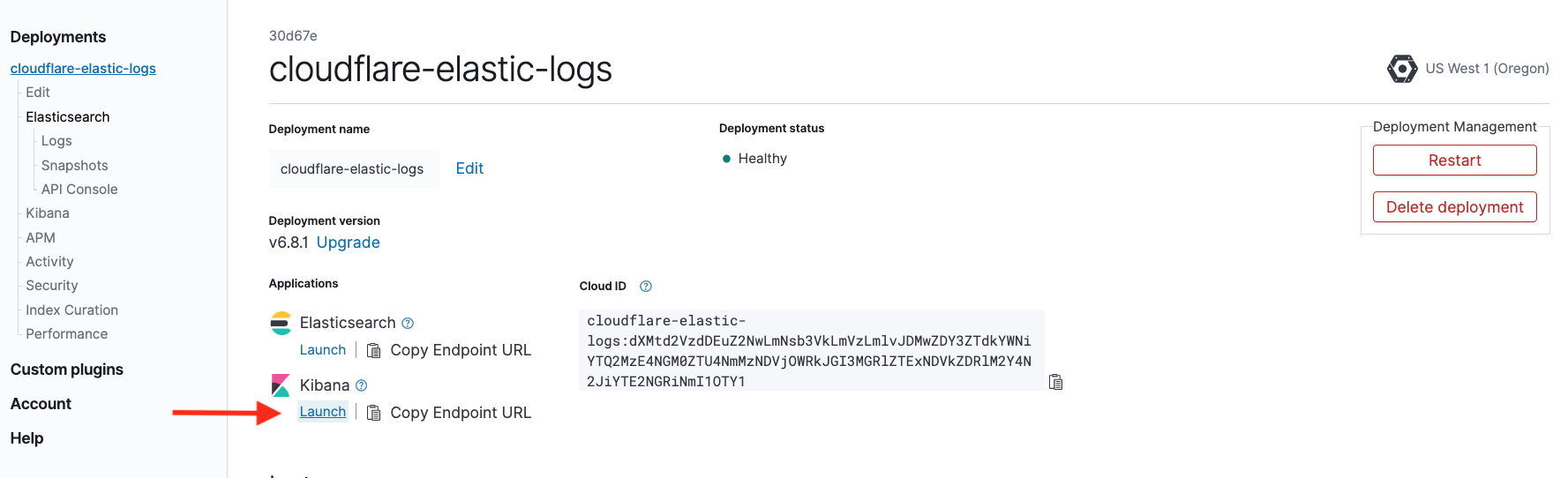 Launching Elastic Cloud Kibana console