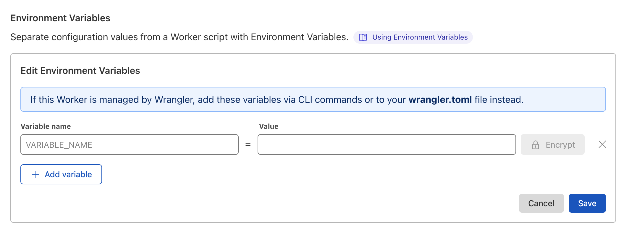 After selecting Add variable, you will be directed to an environment variables configuration page to set up your environment variable name and value