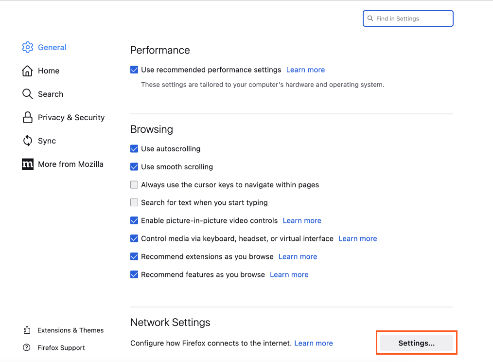 Navigating to Network Settings menu in Firefox