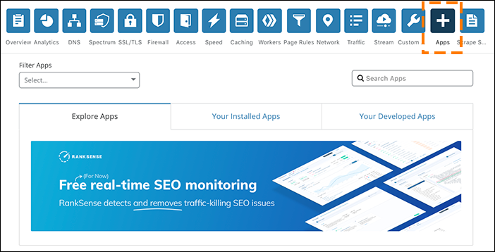 Screenshot der Apps-Startseite im Cloudflare-Dashboard