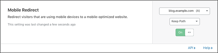 Mobile Redirect card with a sample URL, Keep path option, and the feature toggled to 