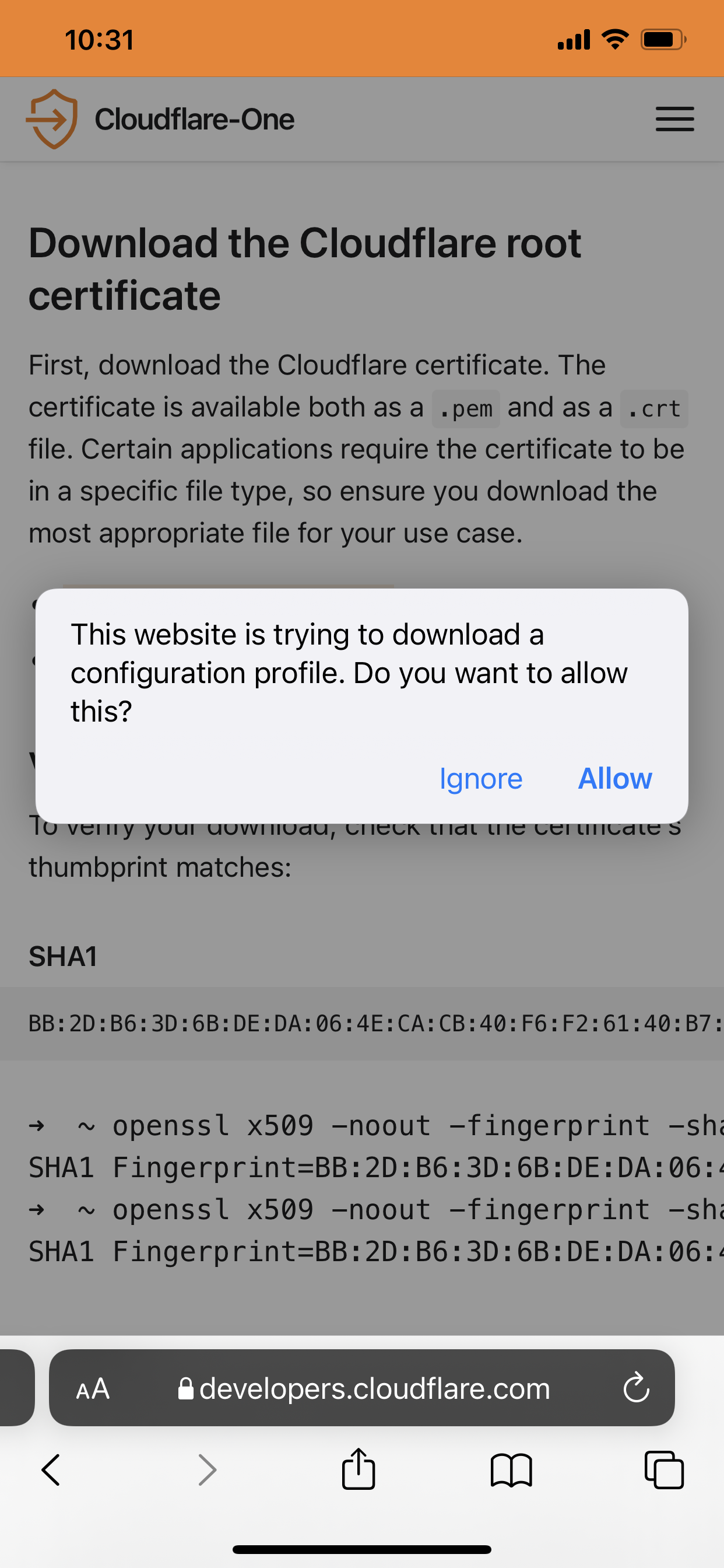 iOS popup message asking for permission to download certificate