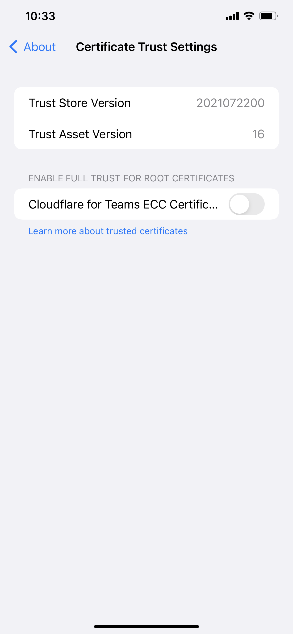 iOS screen for configuring certificate trust settings