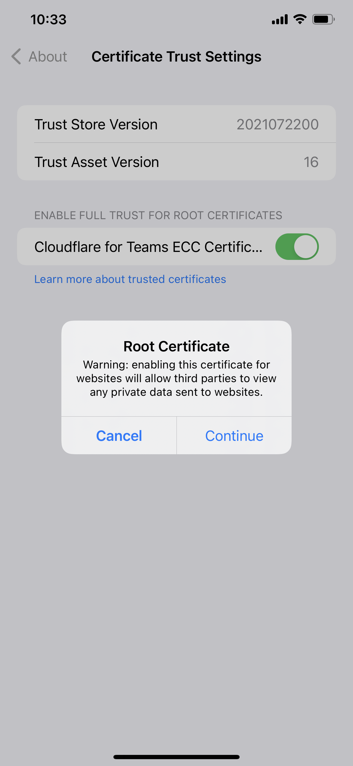 iOS popup message asking to confirm trust setting