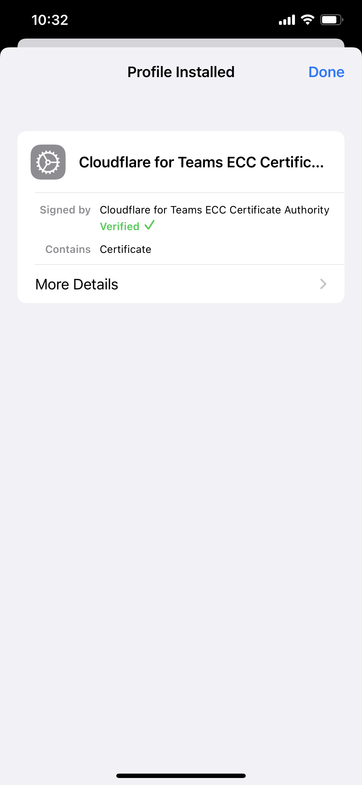 iOS message confirming certificate profile installation