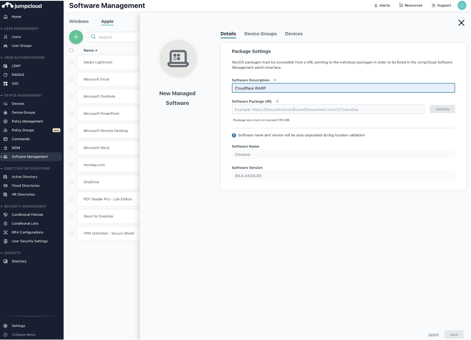 Configuring WARP in the JumpCloud <strong>Apple</strong> tab