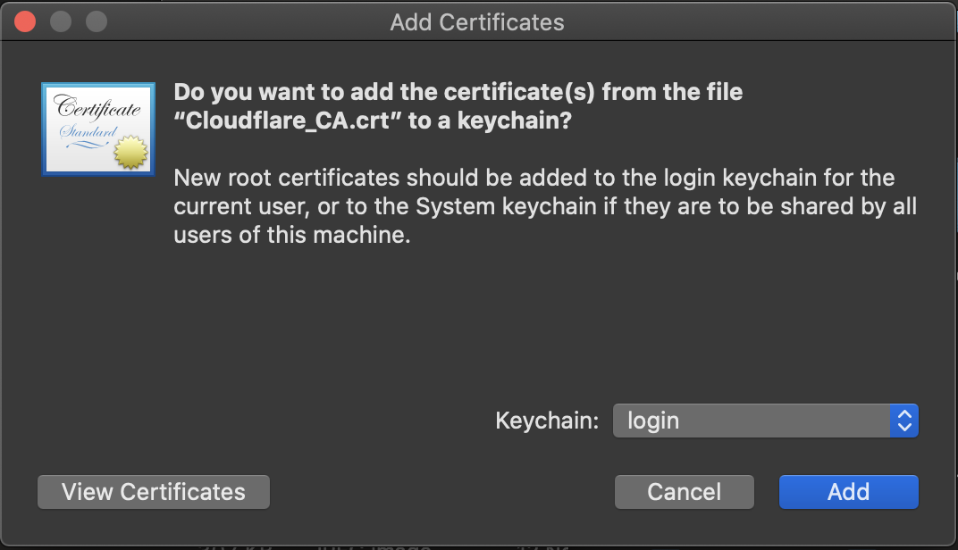 macOS popup window for adding certificates