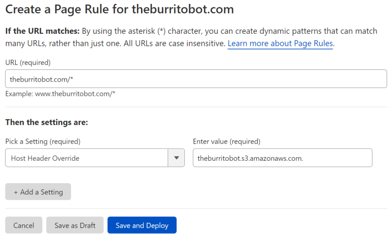 Example configuration of a Page Rule that overrides the Host Header for all requests to theburritobot.com