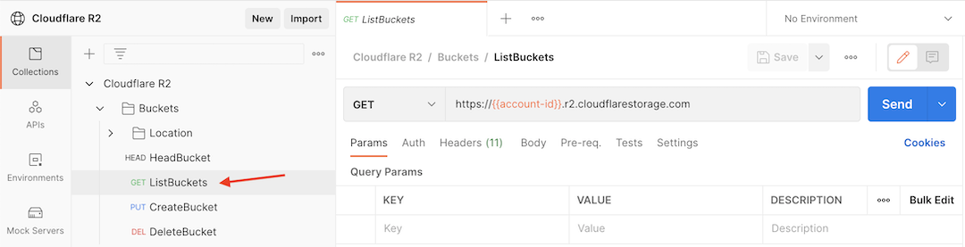 Follow the instructions above to access ListBuckets in the Postman dashboard