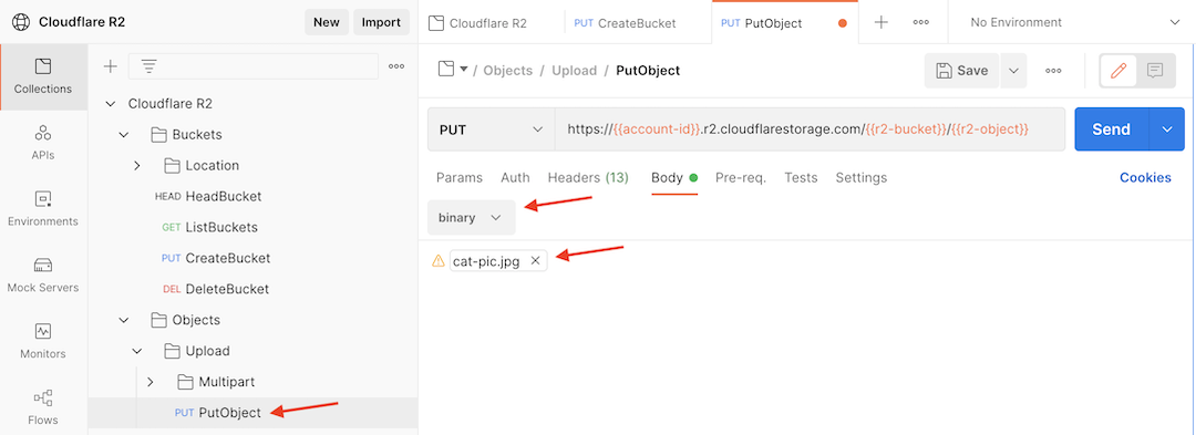 Follow the instructions above to PutObject in the Postman dashboard