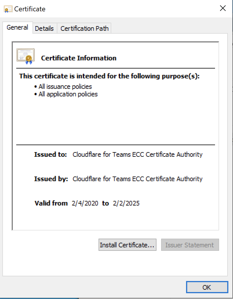 Window for Cloudflare certificate