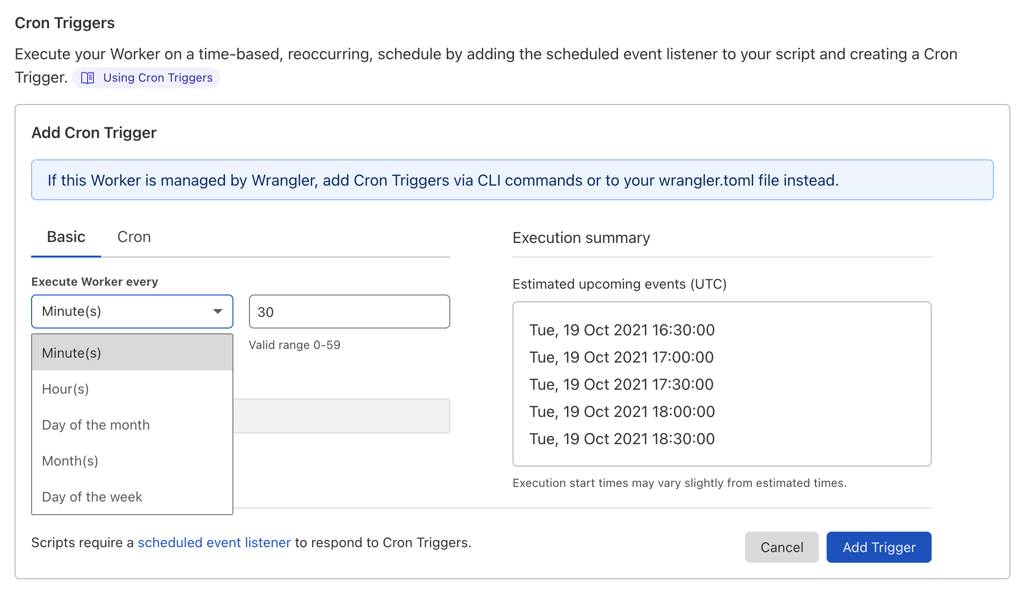 After selecting Triggers, add a trigger to execute time-based Workers